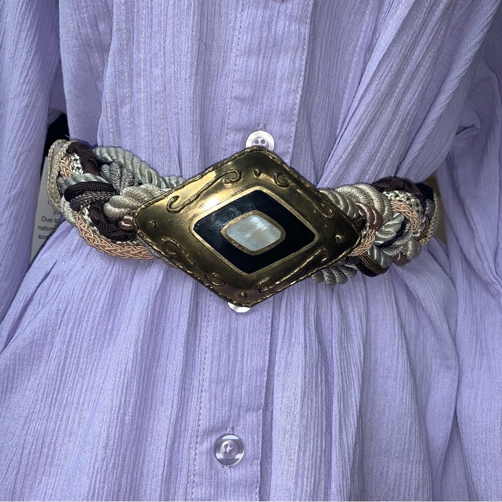 Vintage Brass Onyx Mother Of Pearl Belt 70s 80s adjustable Velcro 30 31 32 33 34